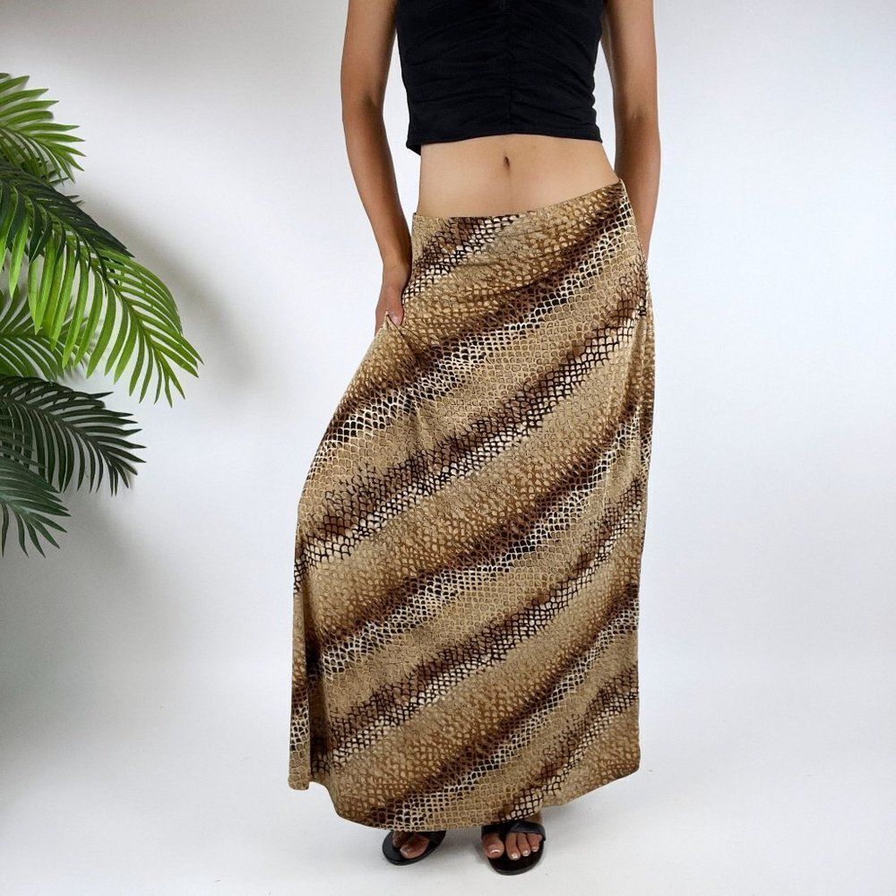 Vintage Y2K Tan Indie Grunge Boho Snake Skin Low Rise Slinky Maxi Skirt / Sz: M